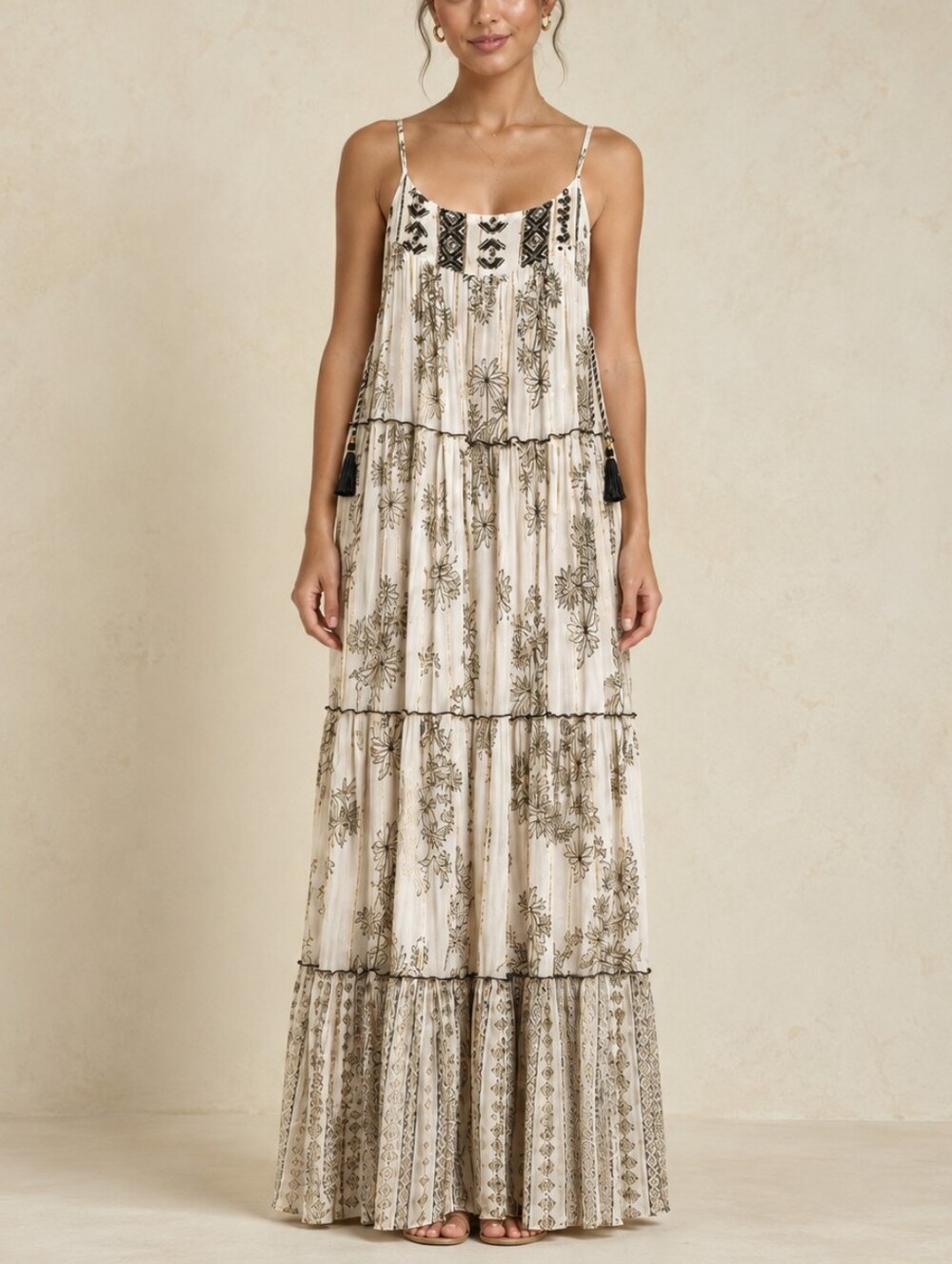 Ananta NWT Embroidered Tiered Boho Maxi Dress Metallic Gold Tassel S/M